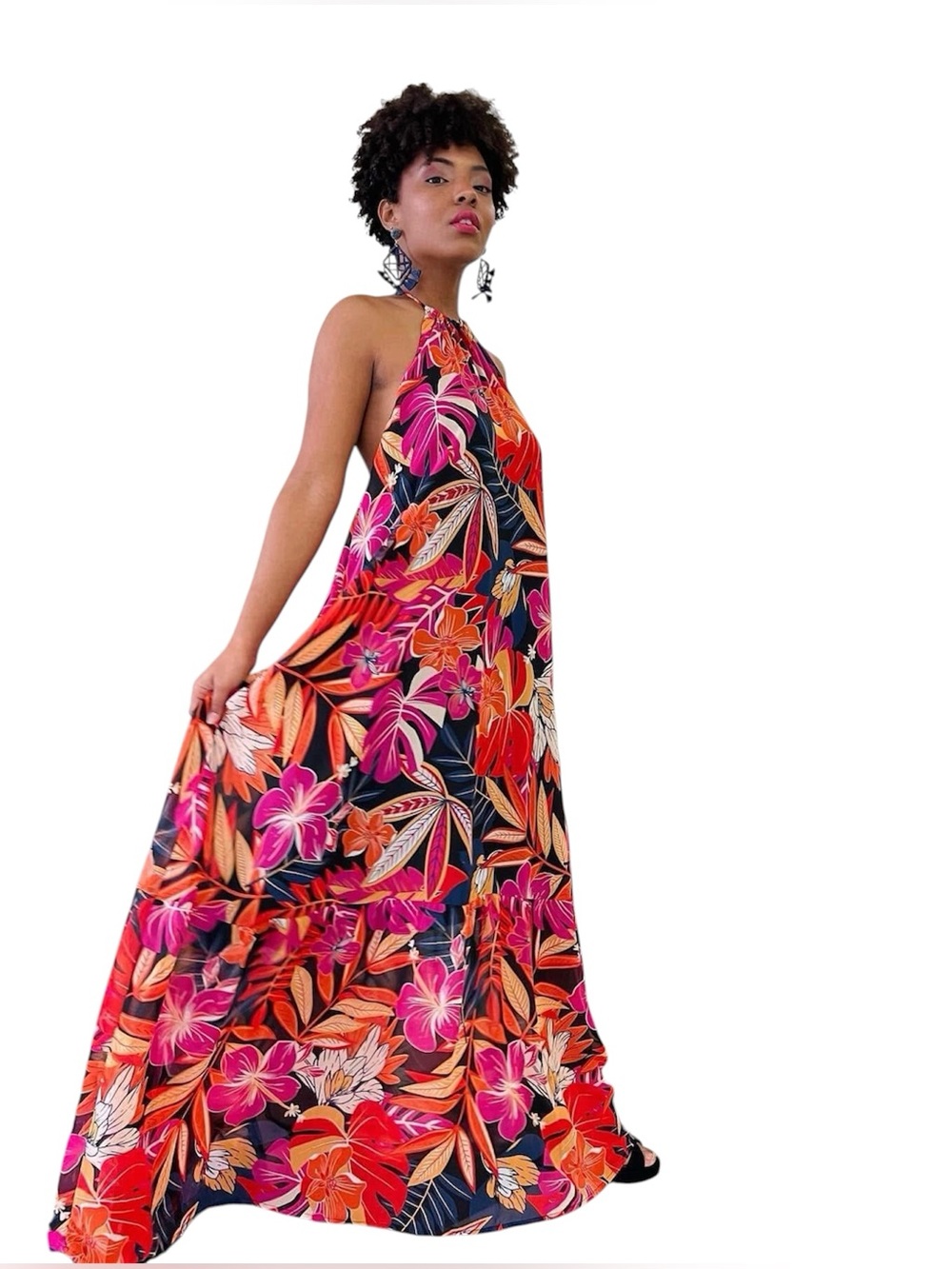 Main Strip - Tropical Floral Halter Maxi Dress - Size Large
